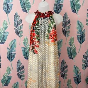 Floral Halter Maxi Dress | Cream, Red & Green | Size M